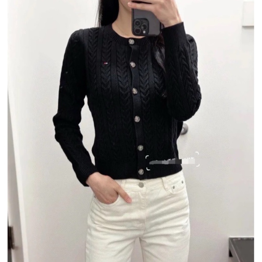 Tommy Hilfiger Black Cable Knit Button-Up Cardigan with Gold Buttons